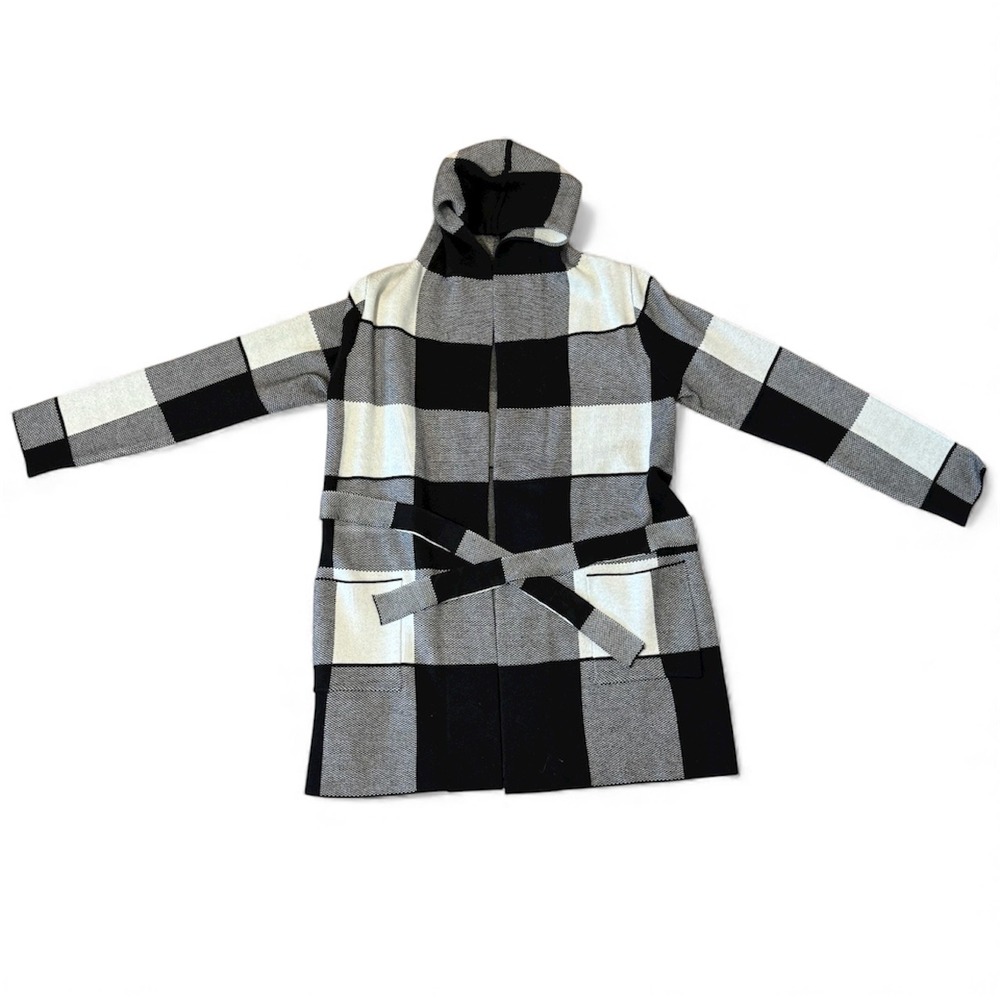 Tahari Women's Large Black White Plaid Hooded Cardigan Sweater Belted Pockets